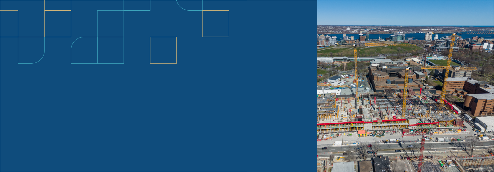 Drone shot of the QE2 Expansion construction overlooking the Halifax Harbour.